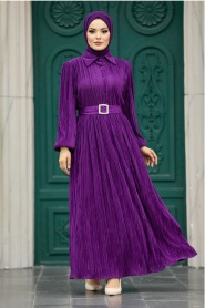 Neva Style - Tokalı Kemerli Mor Tesettür Elbise 5936MOR - Thumbnail