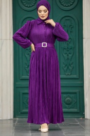 Neva Style - Tokalı Kemerli Mor Tesettür Elbise 5936MOR - Thumbnail