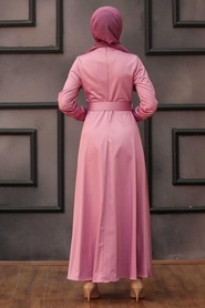 Neva Style -Tokalı Kemerli Pembe Tesettür Elbise 7651P - Thumbnail