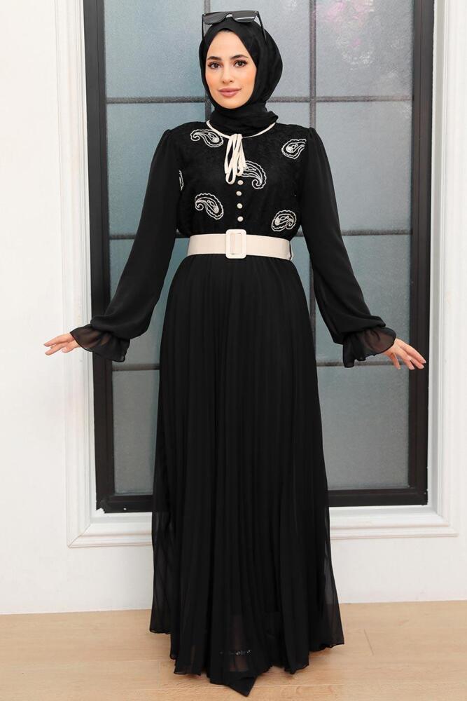 Neva Style - Tokalı Kemerli Siyah Tesettür Elbise 1218S - NEVA STYLE