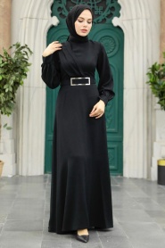 Neva Style - Tokalı Kemerli Siyah Tesettür Elbise 3425S - Thumbnail