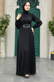 Neva Style - Tokalı Kemerli Siyah Tesettür Elbise 3425S - Thumbnail