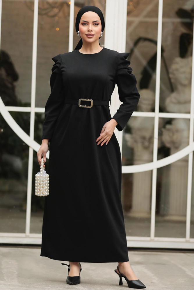  Tokalı Kemerli Siyah Tesettür Elbise 644S - 2