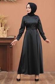Neva Style -Tokalı Kemerli Siyah Tesettür Elbise 7651S - Thumbnail
