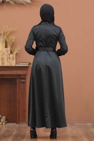 Neva Style -Tokalı Kemerli Siyah Tesettür Elbise 7651S - Thumbnail