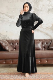 Neva Style - Tokalı Kemerli Siyah Tesettür Kadife Elbise 3748S - Thumbnail