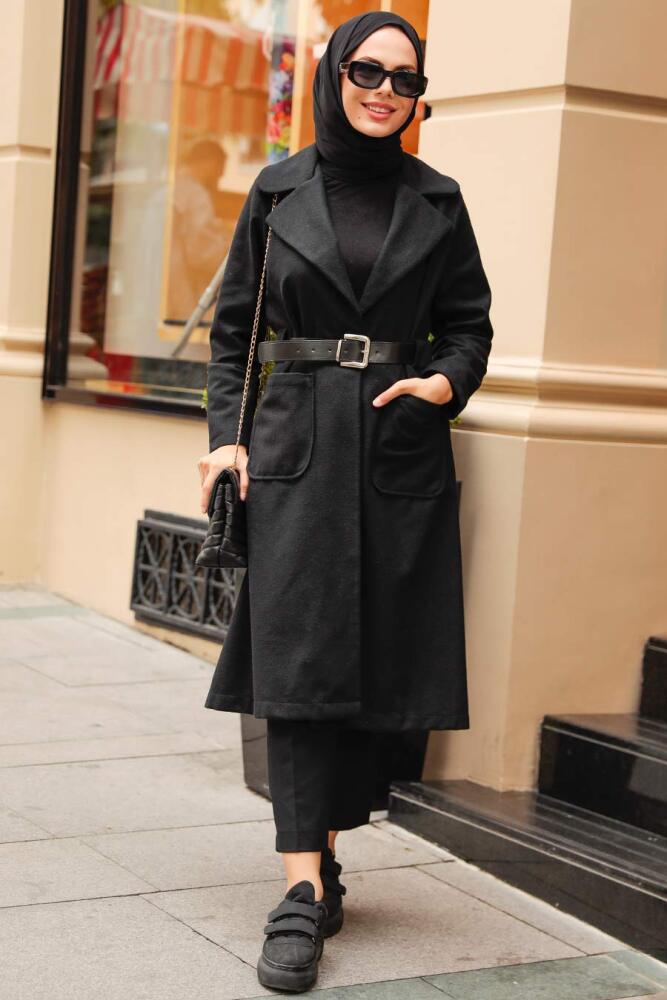Neva Style - Tokalı Kemerli Siyah Tesettür Kaşe Kap 5809S - 2