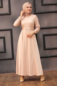 Neva Style -Tokalı Kemerli Somon Tesettür Elbise 7651SMN - Thumbnail