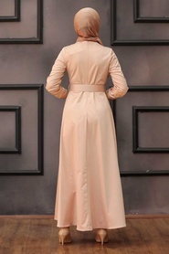 Neva Style -Tokalı Kemerli Somon Tesettür Elbise 7651SMN - Thumbnail