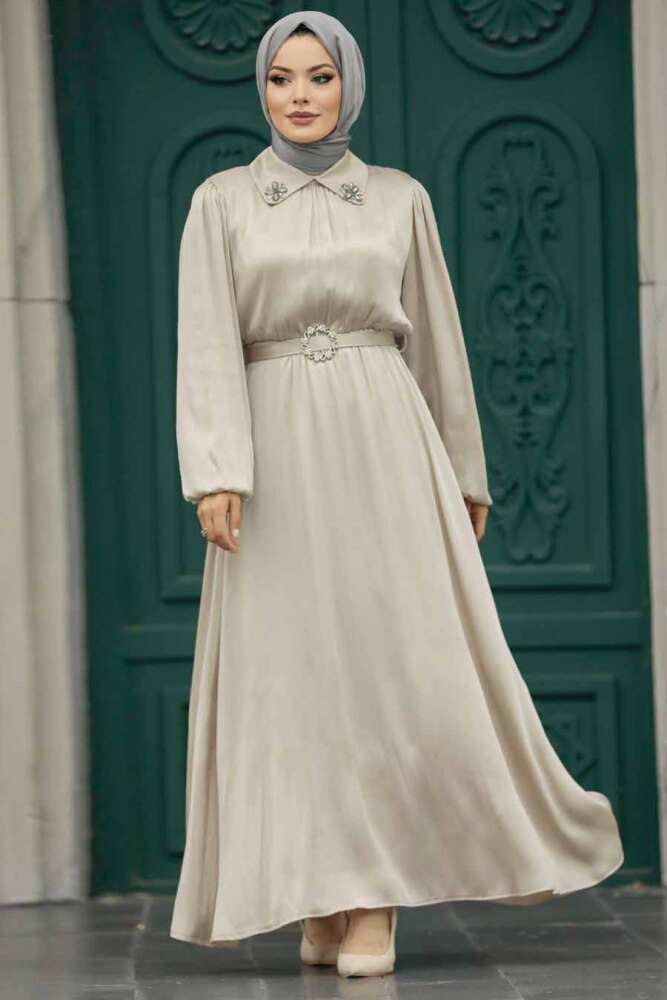 Neva Style - Tokalı Kemerli Taş Tesettür Elbise 12851TAS - 2