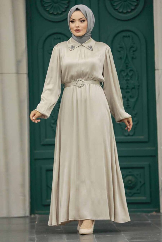 Neva Style - Tokalı Kemerli Taş Tesettür Elbise 12851TAS - 3