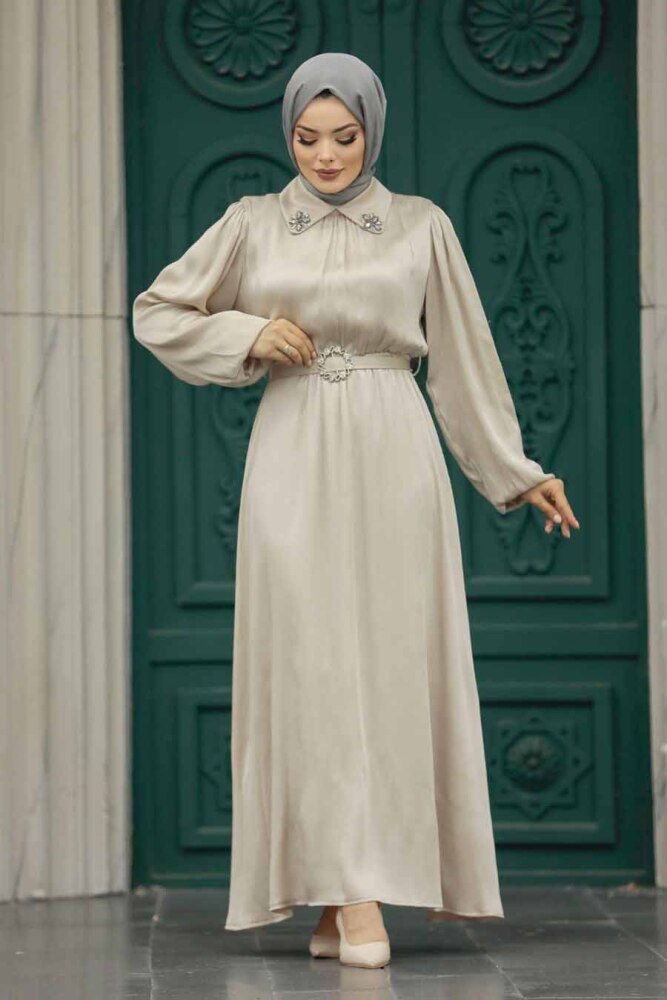 Neva Style - Tokalı Kemerli Taş Tesettür Elbise 12851TAS - 1