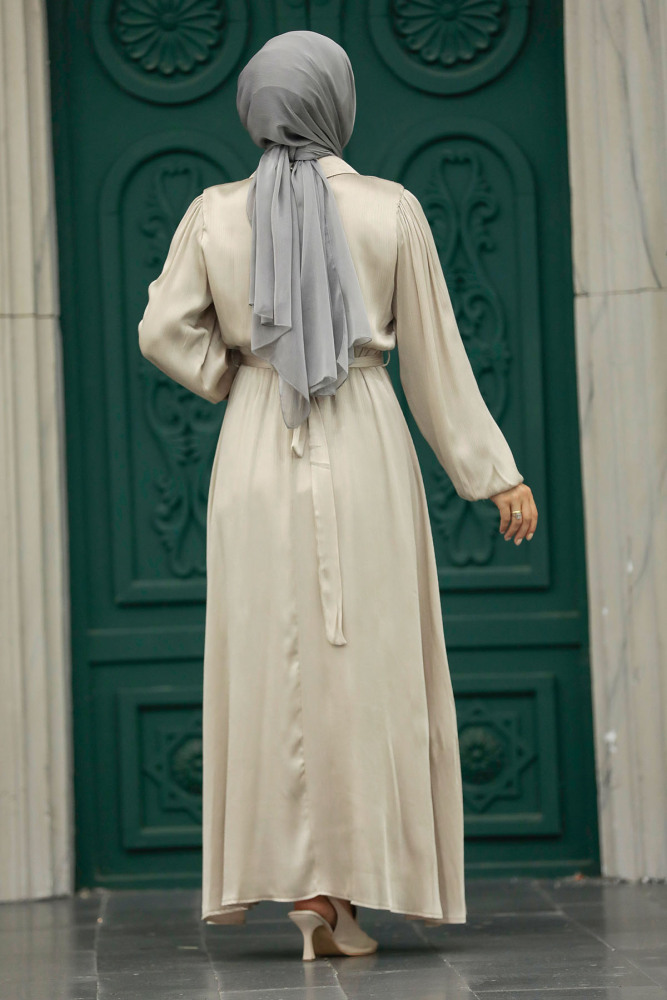 Neva Style - Tokalı Kemerli Taş Tesettür Elbise 12851TAS - 4