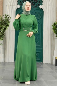 Neva Style - Tokalı Kemerli Yeşil Tesettür Elbise 3425Y - Thumbnail