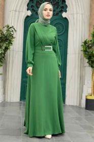 Neva Style - Tokalı Kemerli Yeşil Tesettür Elbise 3425Y - Thumbnail