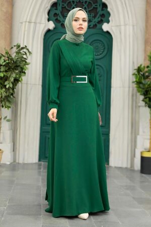 Neva Style - Tokalı Kemerli Zümrüt Yeşili Tesettür Elbise 3425ZY - 1