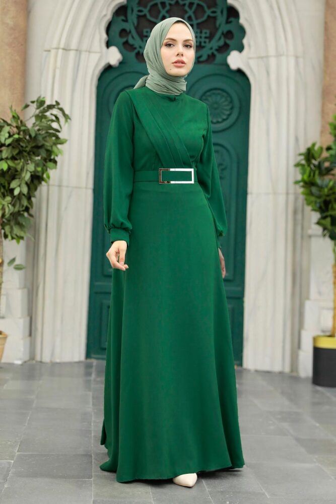 Neva Style - Tokalı Kemerli Zümrüt Yeşili Tesettür Elbise 3425ZY - 1