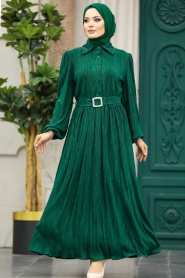 Neva Style - Tokalı Kemerli Zümrüt Yeşili Tesettür Elbise 5936ZY - Thumbnail