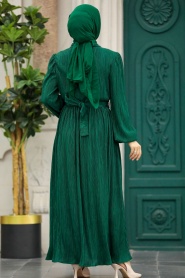 Neva Style - Tokalı Kemerli Zümrüt Yeşili Tesettür Elbise 5936ZY - Thumbnail