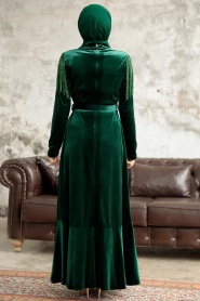 Neva Style - Tokalı Kemerli Zümrüt Yeşili Tesettür Kadife Elbise 3748ZY - Thumbnail