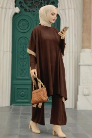 Neva Style - Triple costume en maille hijab marron 33850KH - Thumbnail
