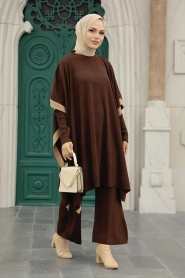 Neva Style - Triple costume en maille hijab marron 33850KH - Thumbnail