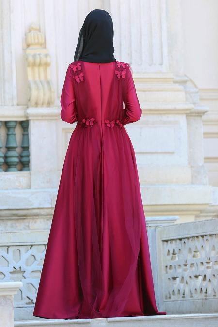 Neva Style - Tül Detaylı Bordo Tesettür Abiye Elbise 3530BR - 2