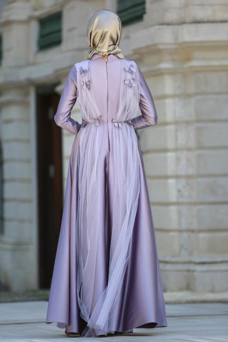 Neva Style - Tül Detaylı Lila Tesettür Abiye Elbise 3530LILA - 2