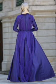 Neva Style - Tül Detaylı Mor Tesettür Abiye Elbise 3530MOR - Thumbnail