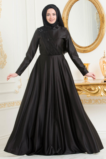 Neva Style - Tül Detaylı Siyah Tesettür Abiye Elbise 3530S