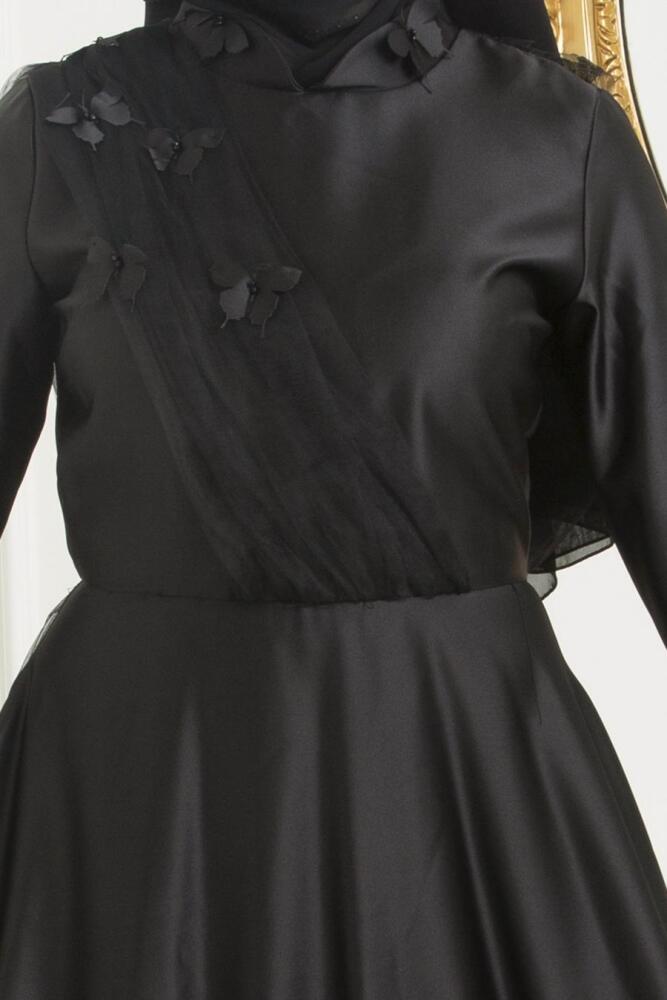 Neva Style - Tül Detaylı Siyah Tesettür Abiye Elbise 3530S - 2