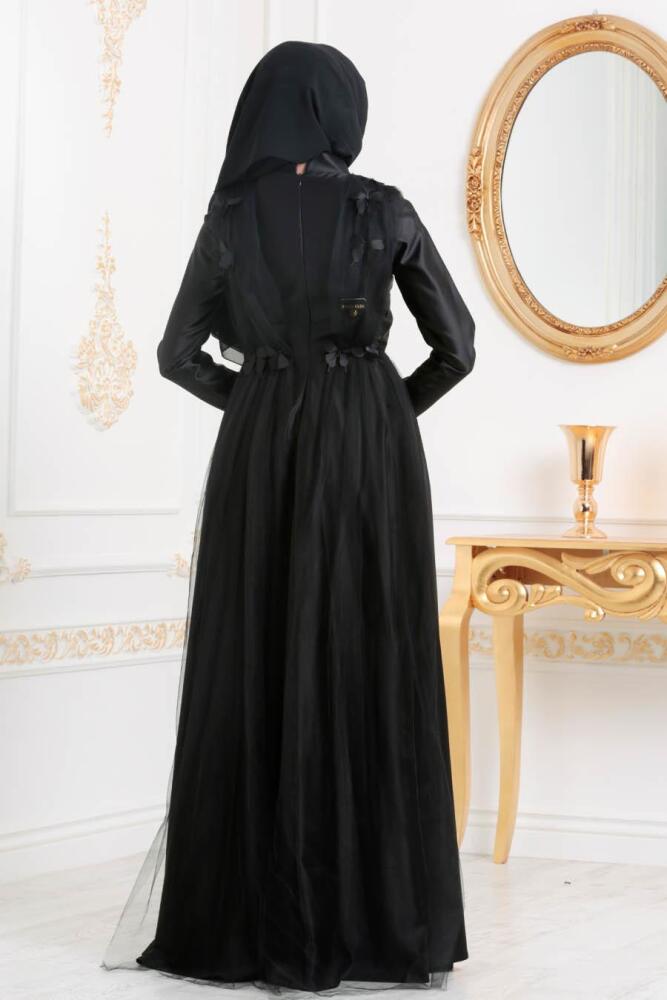 Neva Style - Tül Detaylı Siyah Tesettür Abiye Elbise 3530S - 3