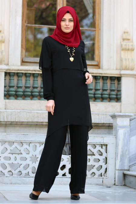 Neva Style - Tunik / Pantolon İkili Siyah Tesettür Takım 51770S