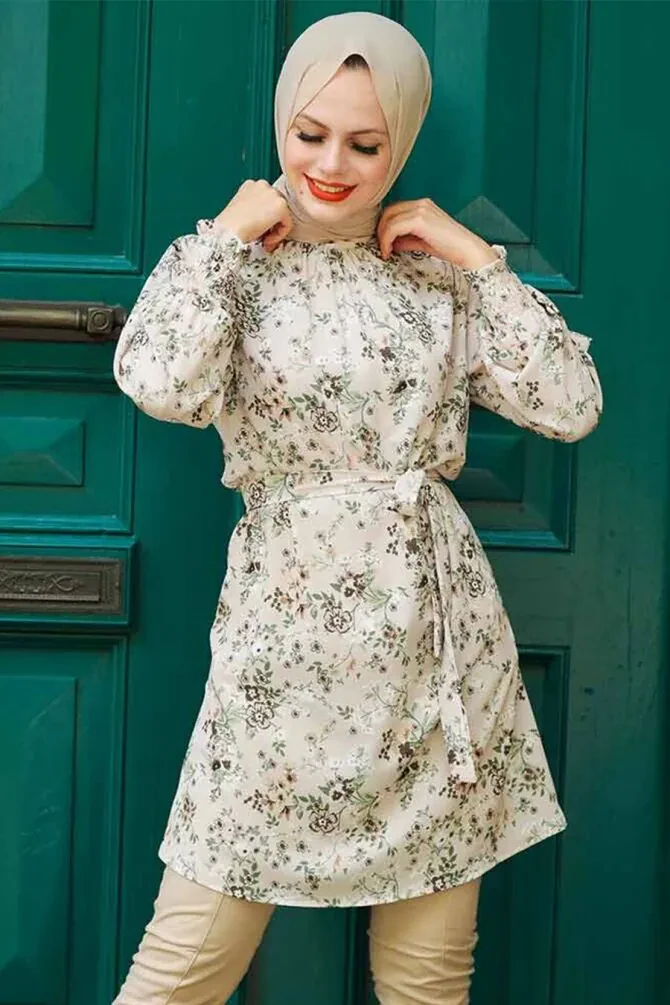 Tunique longue à motifs – Beige 5635BEJ - 1