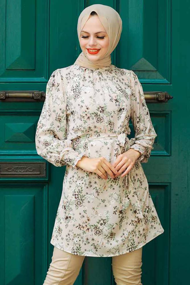 Tunique longue à motifs – Beige 5635BEJ - 2