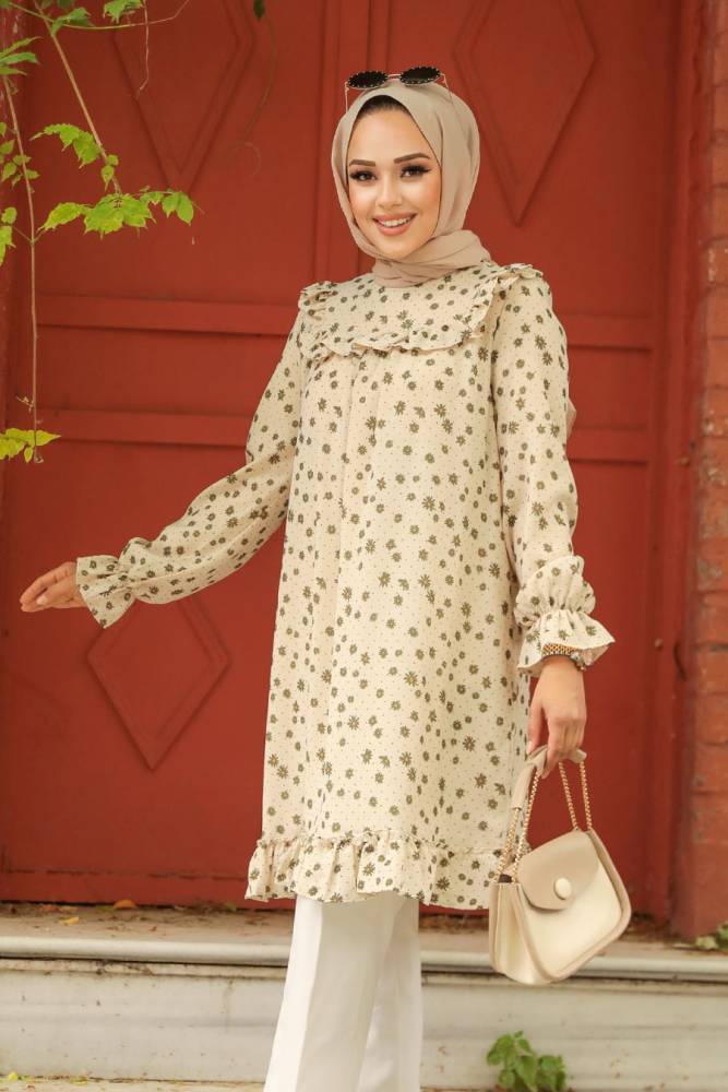 Neva Style - Tunique Hijab Kaki à Motifs 30520HK - 2