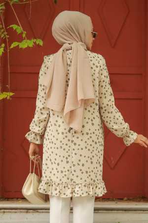 Neva Style - Tunique Hijab Kaki à Motifs 30520HK - 3