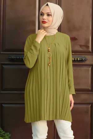 Neva Style - Tunique Hijab Plissée Vert Huile 10346YY - 1