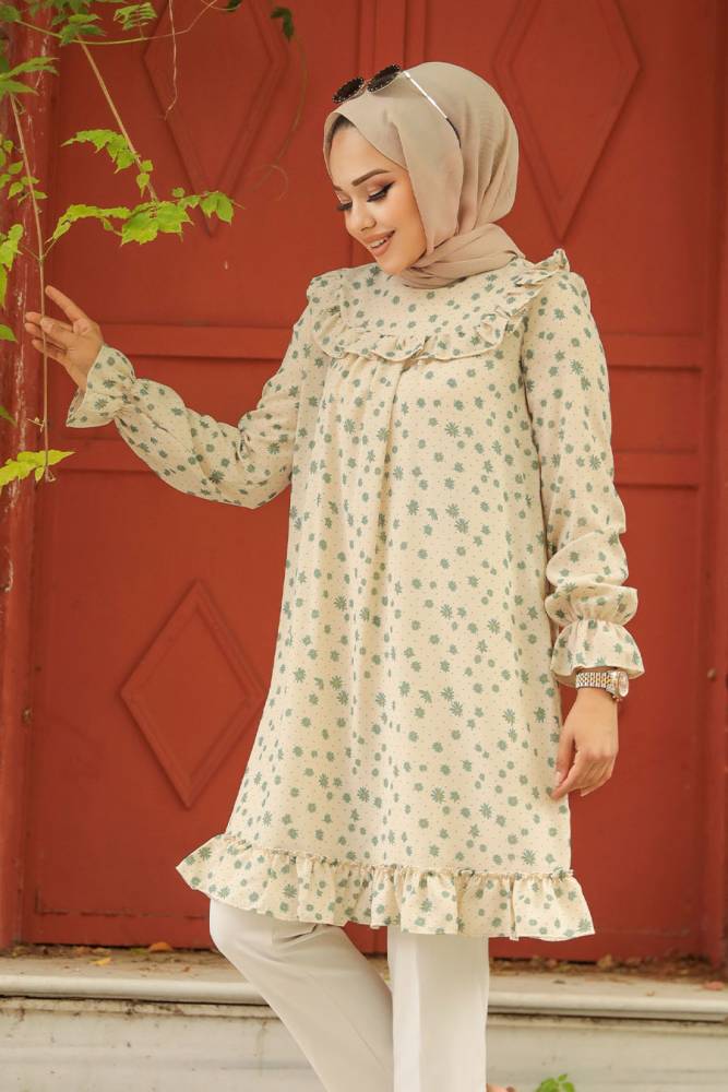 Neva Style - Tunique Hijab Verte à Motifs 30520CY - 1