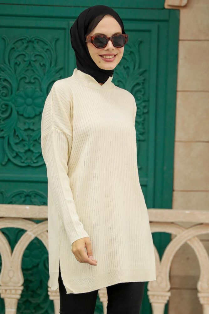 Neva Style - Tunique Tricot Hijab Crème 20132KR - 2