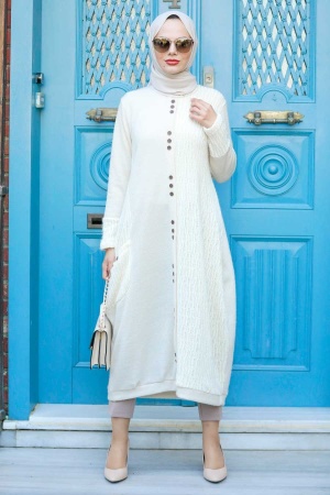 Neva Style - Tunique Tricot Hijab Ecru 30690E - 1