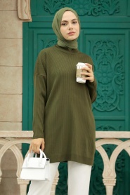 Neva Style - Tunique Tricot Hijab Kaki 20132HK - Thumbnail