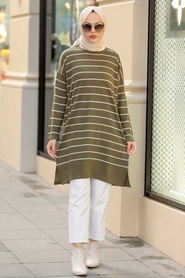 Neva Style - Tunique Tricot Hijab Kaki 33770HK - Thumbnail