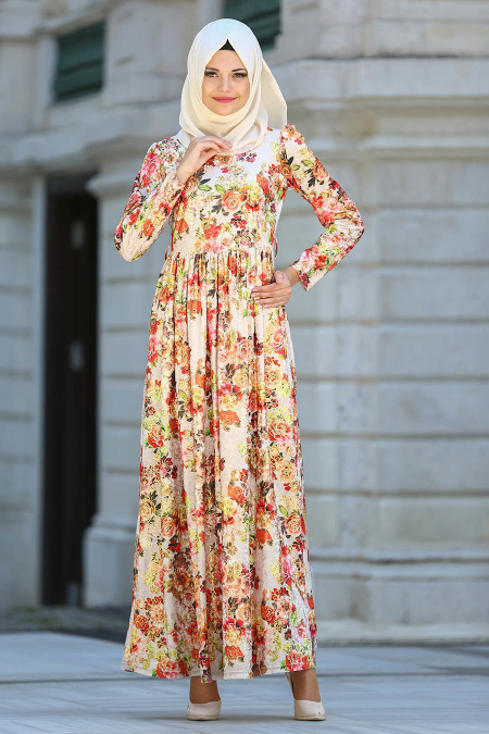 Neva Style - Turuncu Kadife Tesettür Elbise 2093T