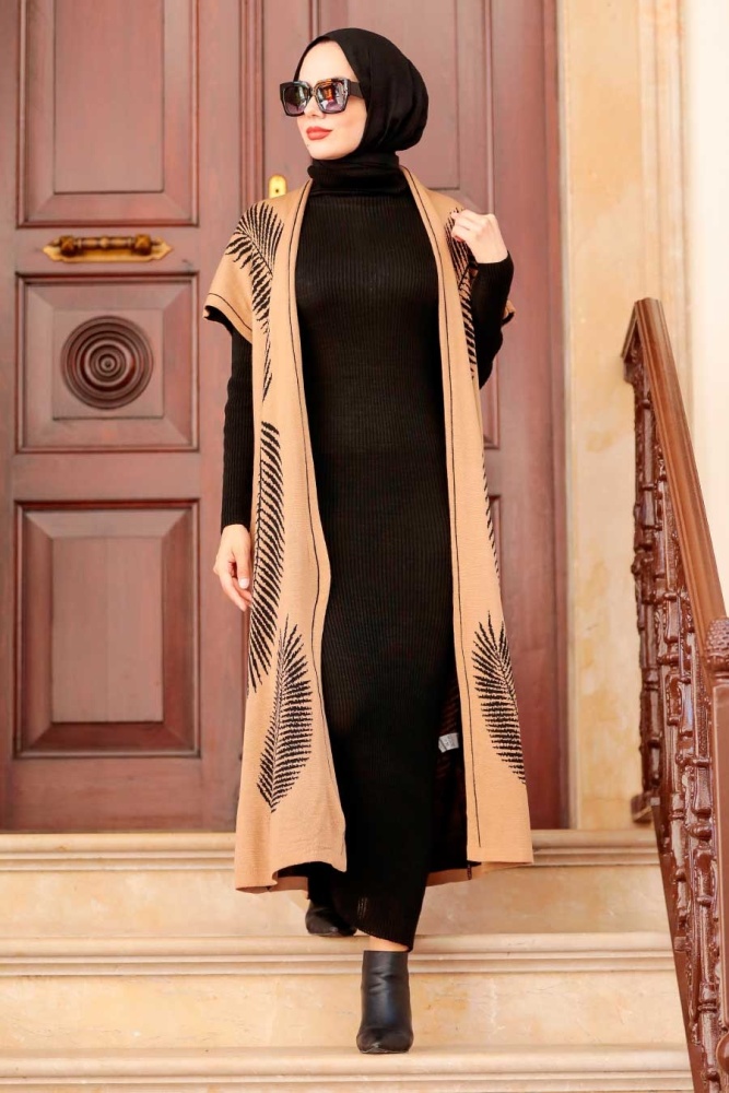Neva Style - Tüy Desenli Bisküvi Tesettür Triko İkili Takım 3183BS - 1