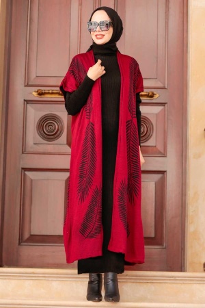 Neva Style - Tüy Desenli Bordo Tesettür Triko İkili Takım 3183BR - 1