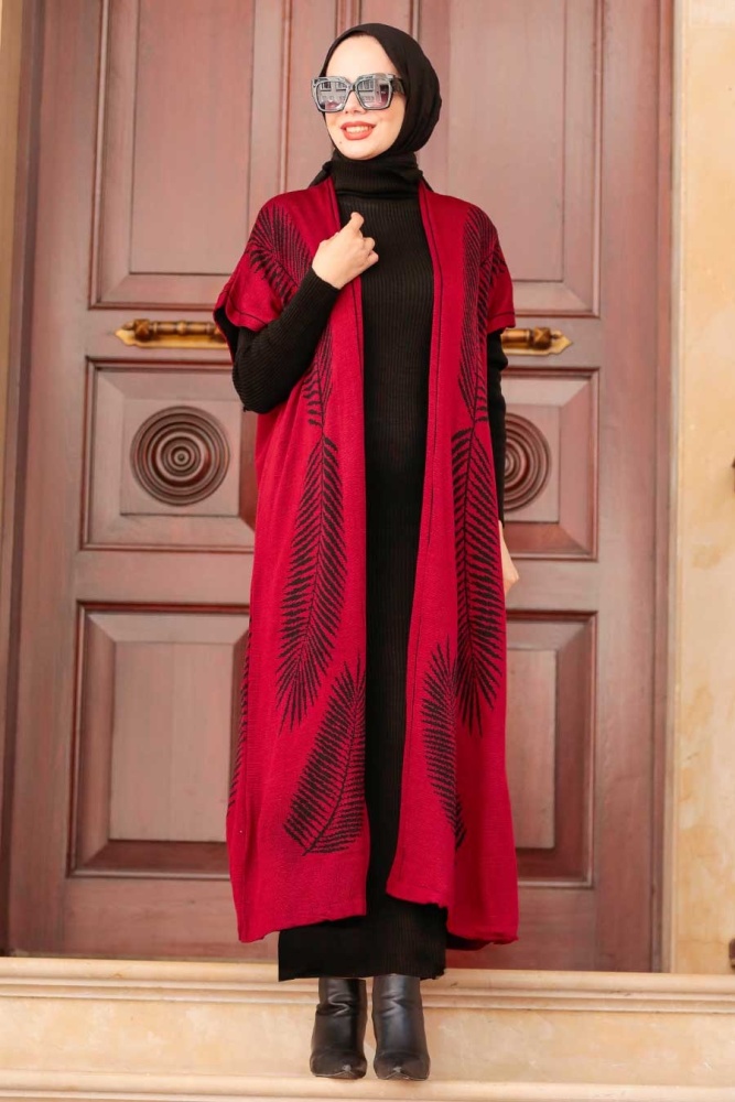 Neva Style - Tüy Desenli Bordo Tesettür Triko İkili Takım 3183BR - 1