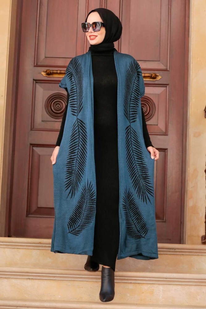 Neva Style - Tüy Desenli Petrol Mavisi Tesettür Triko İkili Takım 3183PM - 1