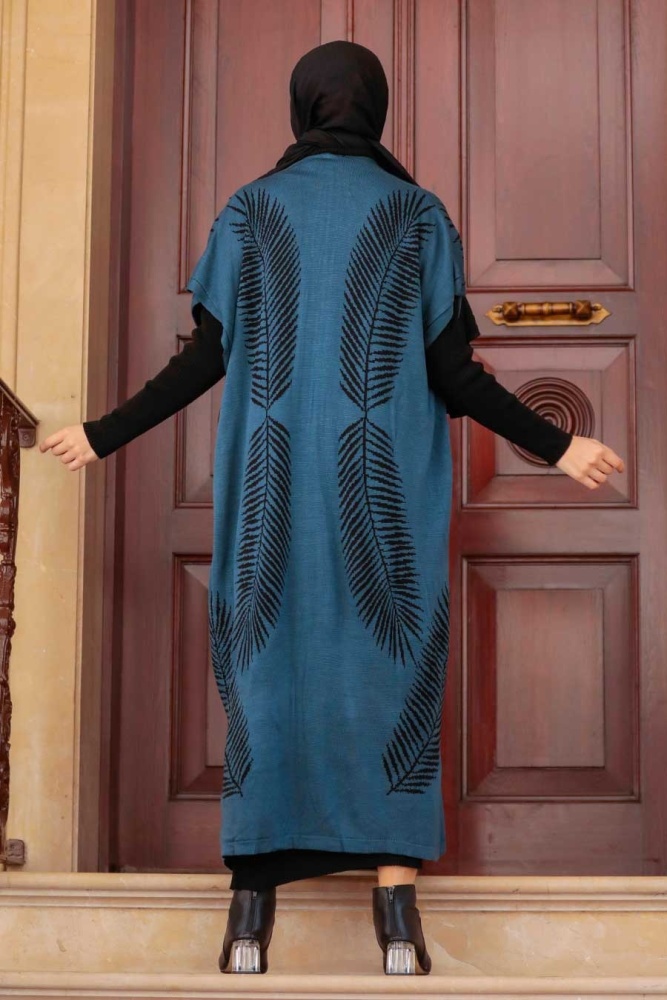 Neva Style - Tüy Desenli Petrol Mavisi Tesettür Triko İkili Takım 3183PM - 2