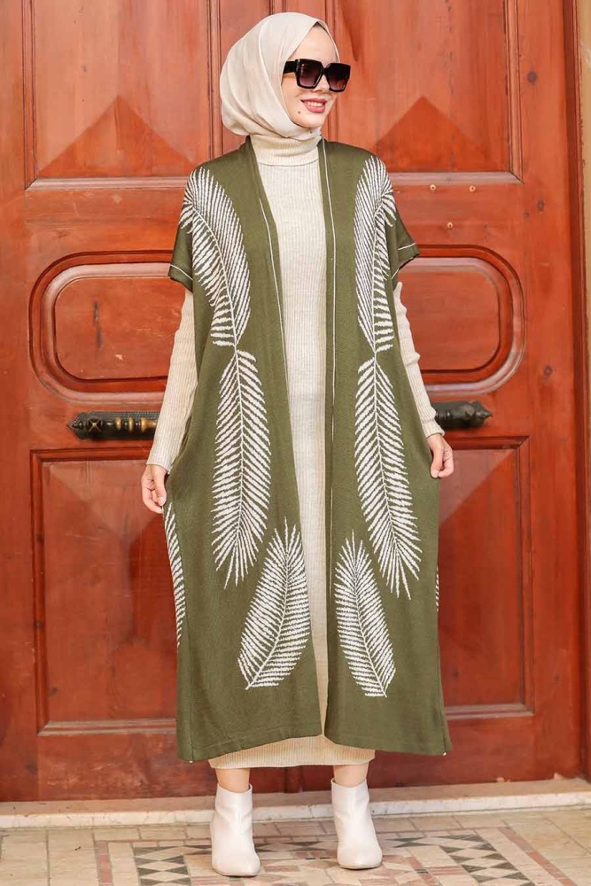 Neva Style - Tüy Desenli Haki Tesettür Triko İkili Takım 3183HK - 1